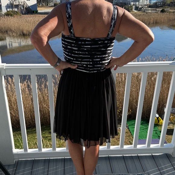 Chic Elegant Black and Silver Striped Dress, fully lined and flowy, no bra need - Picture 2 of 5